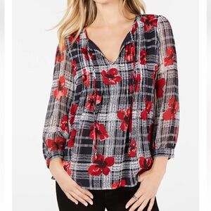 Tommy Hilfiger Navy, Red & White Floral Plaid Chiffon Blouse Size S